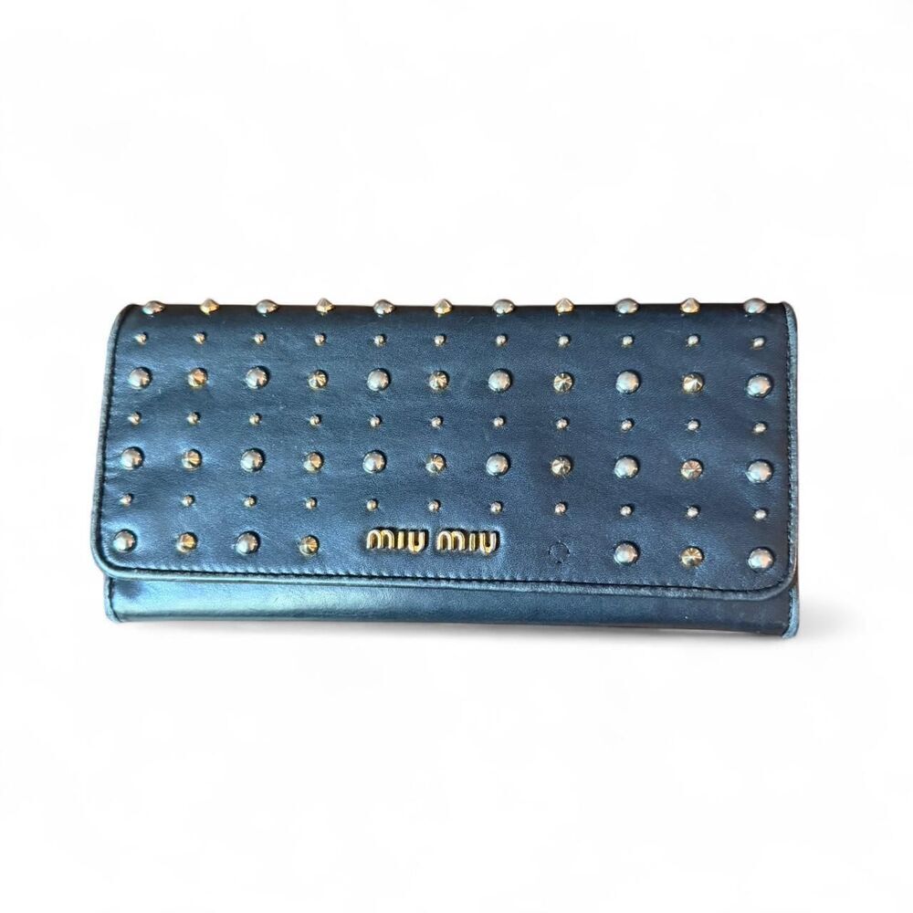 Miu Miu Studded Leather Long Flap Snap Wallet Black Gold Silver Stud Continental